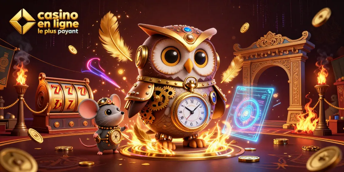 Profitez de l'expérience captivante du casino en ligne le plus payant avec une illustration dynamique d'un hibou voyageur et de machines à sous.