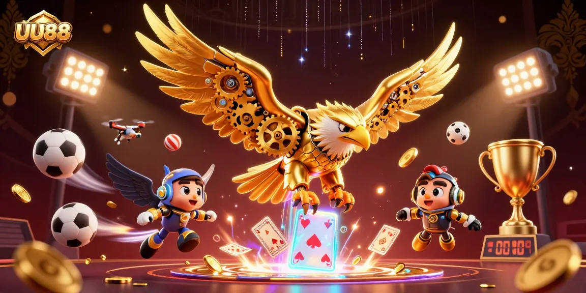 UU88 captures excitement as the golden eagle dives through holographic playing cards in a dynamic casino setting.