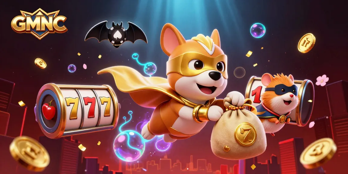 GMNC showcases a superhero dog flying with gold coins amidst vibrant casino elements.