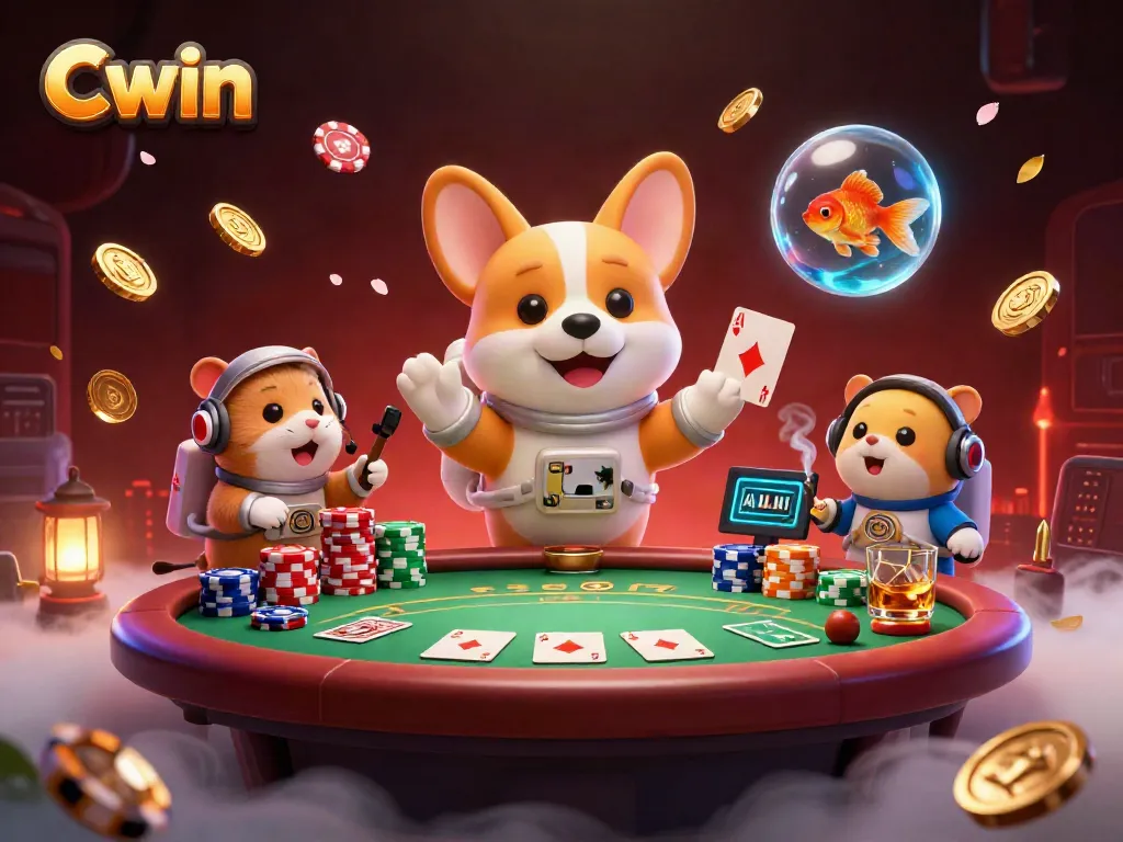 Cwin's 3D space casino scene featuring an astronaut corgi and characters engaging in gambling.