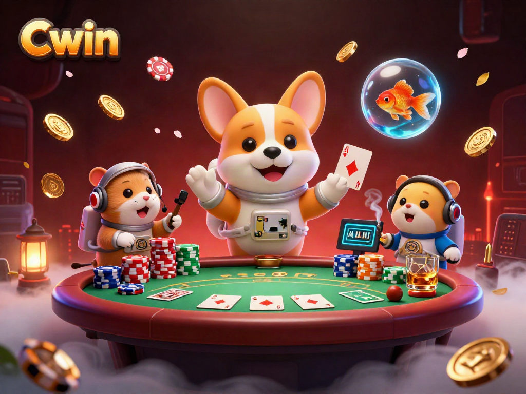 Cwin's 3D space casino scene featuring an astronaut corgi and characters engaging in gambling.