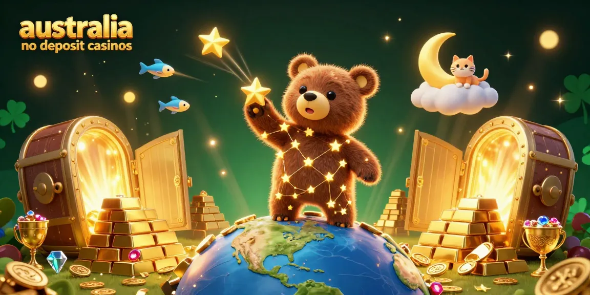 Scoop coins at australia no deposit casinos with a constellation bear and treasure in vibrant illustration.
