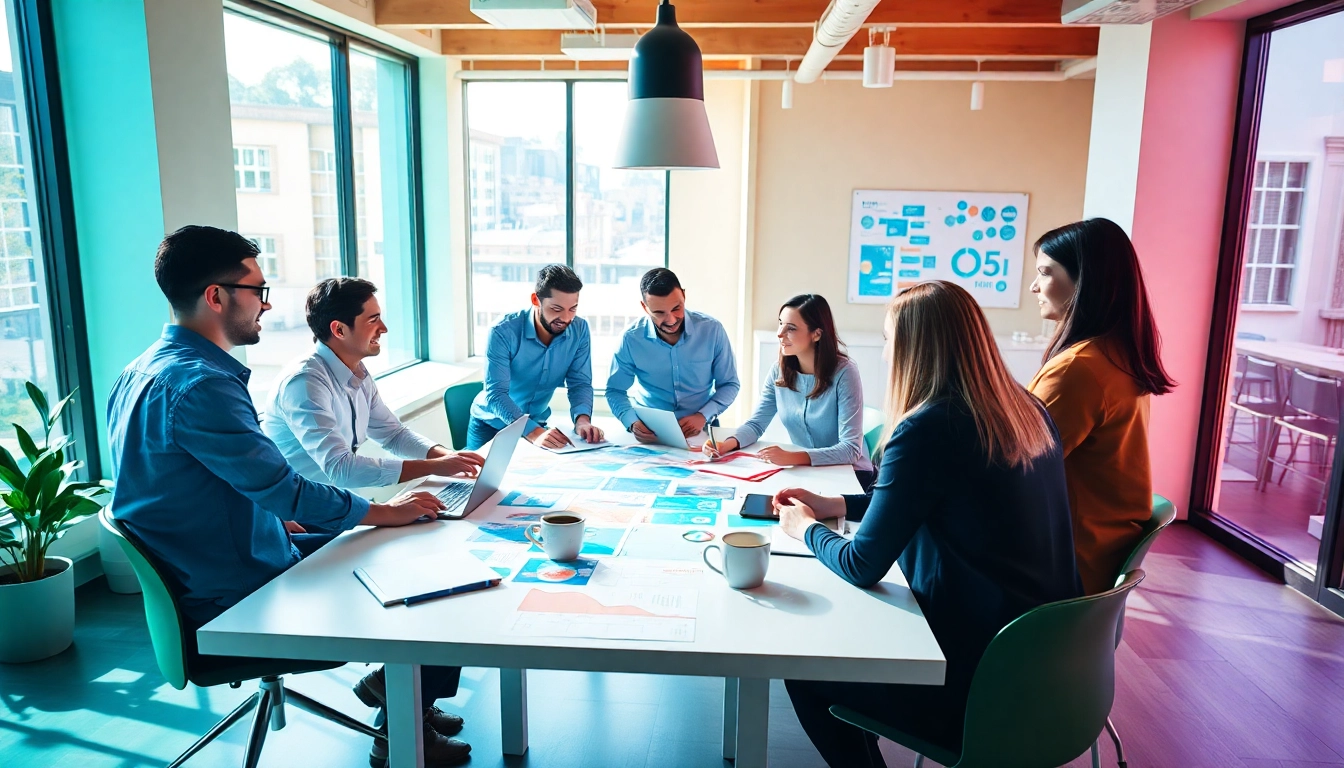 Collaborative team at a branding agency Melbourne creating innovative strategies in a modern workspace.
