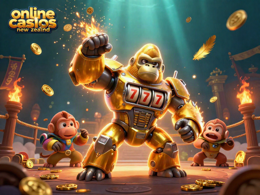 Experience the thrill of online casinos New Zealand with an explosive 3D illustration of slot-themed characters.