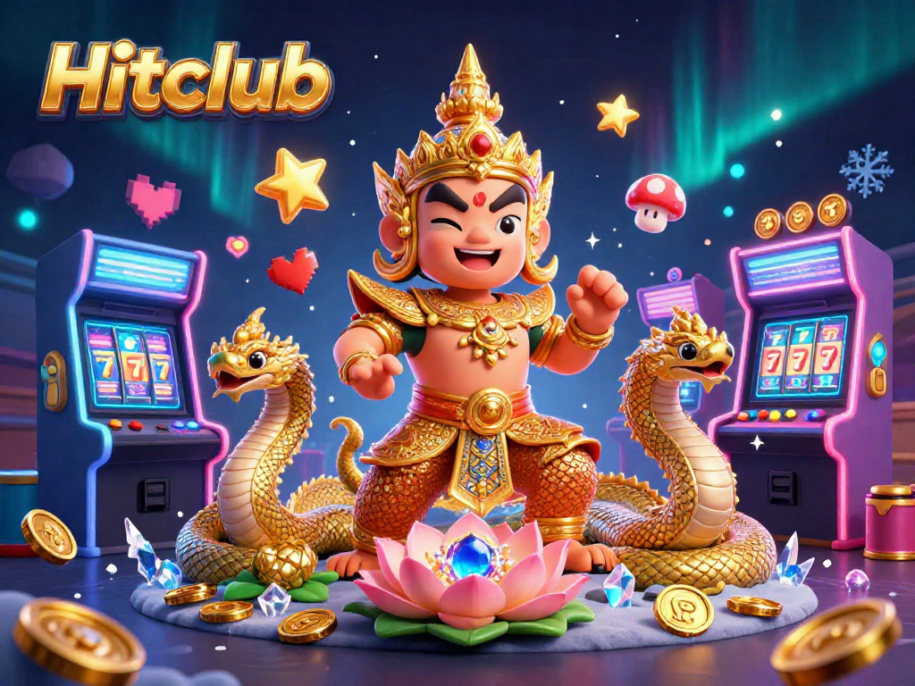 Hitclub's vibrant gaming scene showcases friendly temple guardians, slot reels, and energized arcade action.