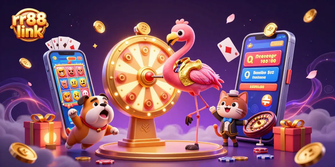 Experience exciting gameplay with rr88 link as a flamingo host spins a golden prize wheel surrounded by winning elements.
