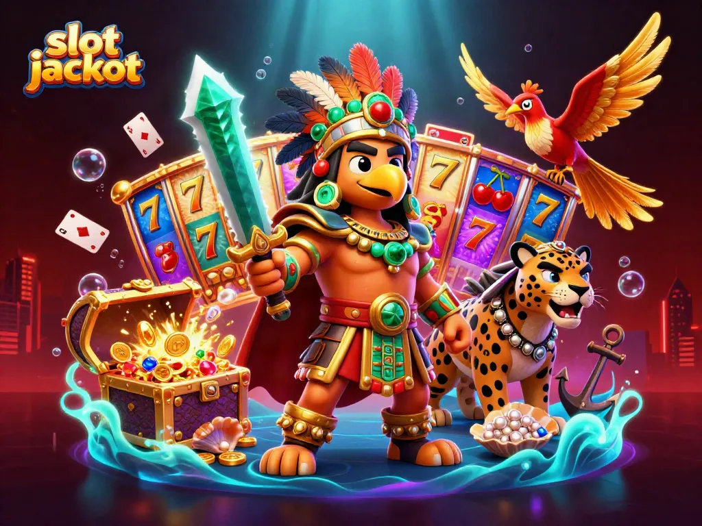 Experience the thrill of a slot jackpot with Aztec warriors amid vibrant casino elements.