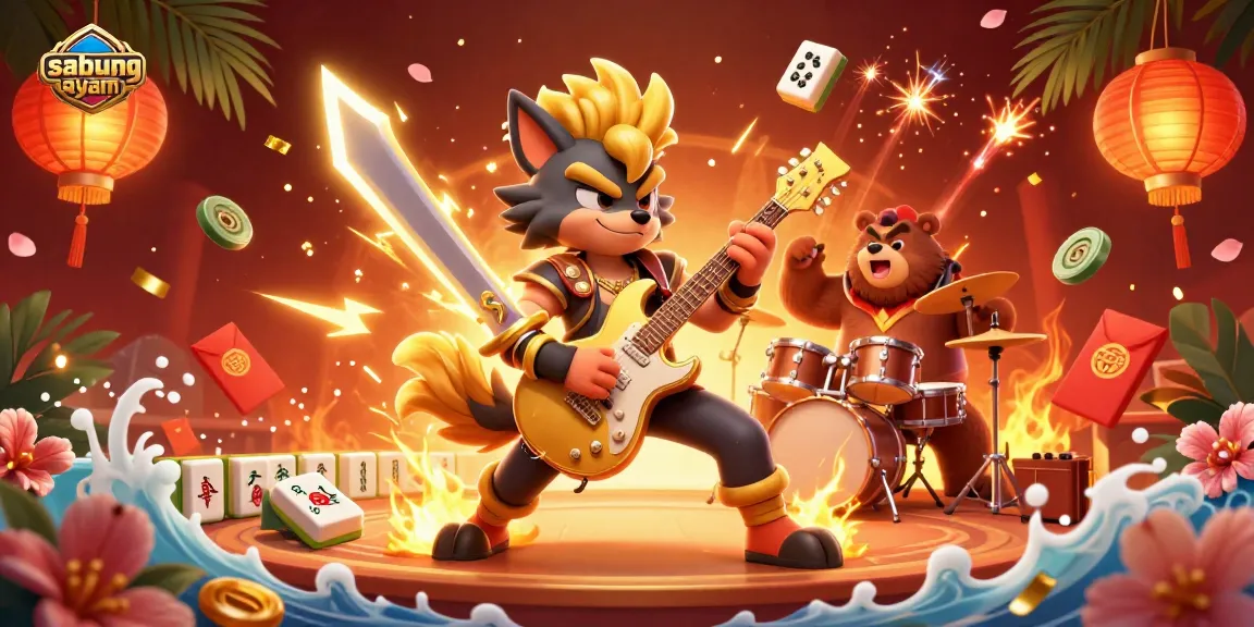 Sabung ayam action scene showcasing a vibrant cockfighting arena with dynamic characters and festive elements.