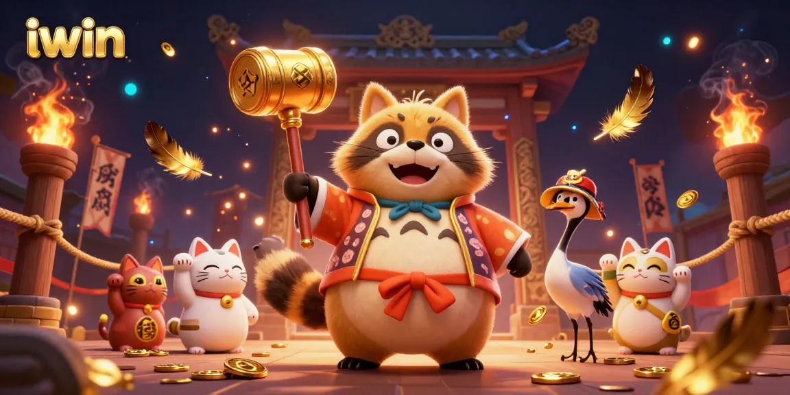 Experience iwin's thrilling action with cheerful tanuki, samurai crane, and fortune cats in dazzling casino scene.