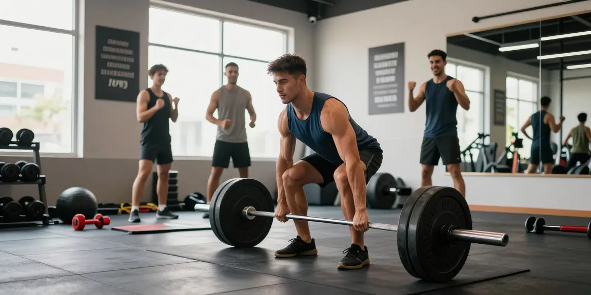Athletic man performing deadlift with Unique Pharma Steroids visible, showcasing training intensity and gym environment.
